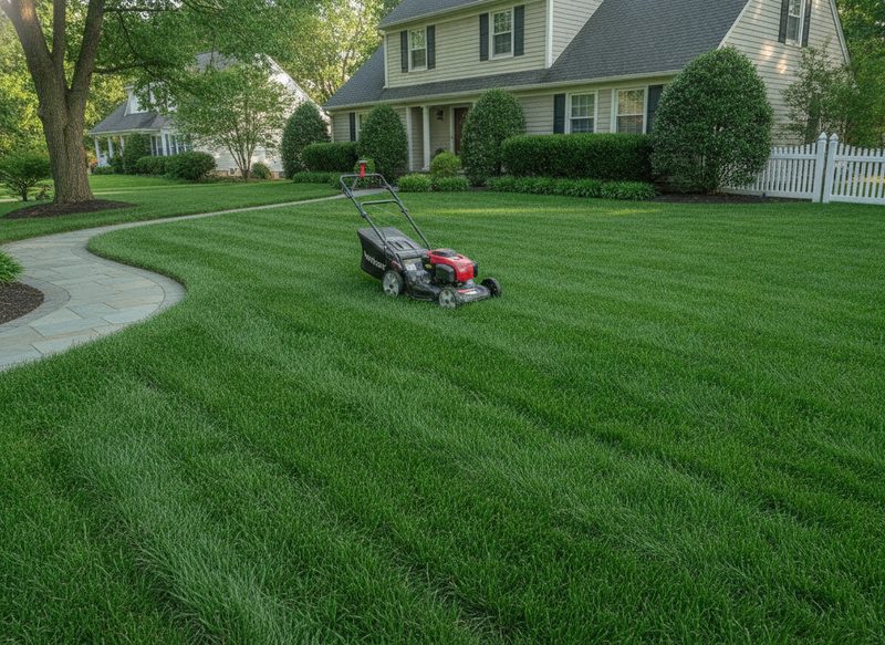 A freshly mowed suburban lawn with clean edges