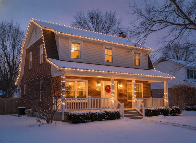 Holiday lights on a suburban house at dusk
